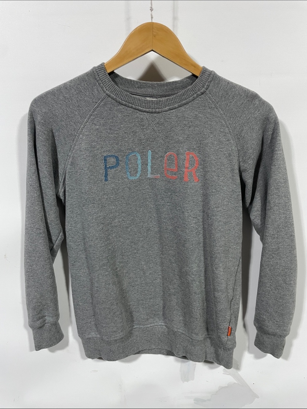 Poler Gray Pullover Sweatshirt with Blue and Red Lettering